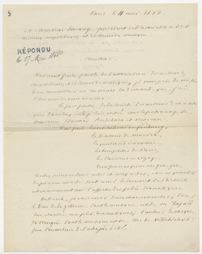 Correspondance entre Hippolyte Bedeau et Monsieur Sauvage, Président de l