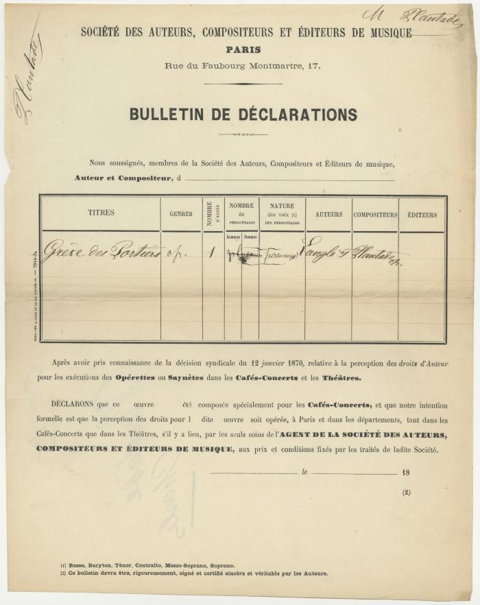 Bulletin de déclaration "Grève des Portiers"
