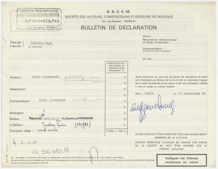 Musée SACEM : Bulletin De Déclaration "Initials B.B."